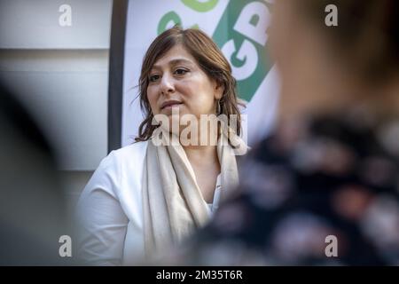 La presidente di Groen, Meyrem Almaci, ha illustrato durante l'inaugurazione di 'Greenhouse', la nuova sede dei partiti politici verdi fiamminghi e francofoni Groen ed Ecolo, sabato 25 settembre 2021 a Bruxelles. BELGA FOTO HATIM KAGHAT Foto Stock
