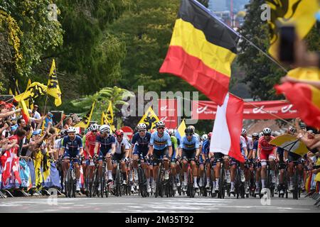 Francese Julian Alaphilippe, belga Yves Lampaert e belga Wout van Aert hanno ritratto in azione durante la corsa su strada degli uomini d'élite dei Campionati del mondo UCI Road Cycling Fiandre 2021, 268,3km da Anversa a Lovanio domenica 26 settembre 2021. I Mondi si svolgono dal 19 al 26 settembre 2021, in diverse città delle Fiandre, in Belgio. FOTO DI BELGA DAVID STOCKMAN Foto Stock