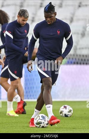 Paul Pogga, francese, ha illustrato nel corso di una sessione di allenamento della nazionale francese di calcio, a Torino, Italia, mercoledì 06 ottobre 2021. La squadra si sta preparando per le semifinali della Lega delle Nazioni, contro il Belgio il giovedì. FOTO DI BELGA DIRK WAEM Foto Stock