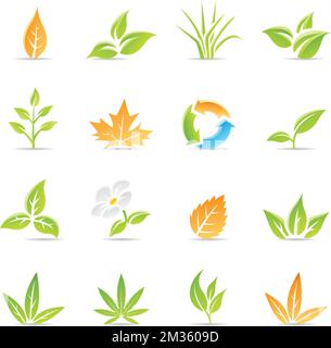 Foglie lucide con simbolo di riciclaggio e fiore Daisy isolato su uno sfondo bianco Illustrazione Vettoriale