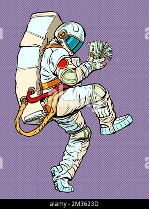 astronauta tenendo il pianeta nelle sue mani un pacchetto di dollari in contanti, denaro aziendale e il tema dell'economia mondiale. uomo in una posa divertente Illustrazione Vettoriale