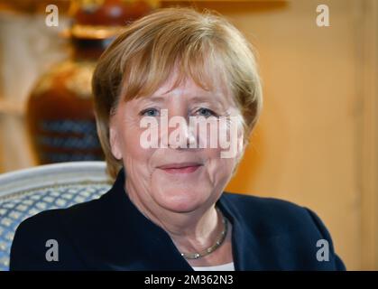 Il Cancelliere della Germania Angela Merkel ha illustrato nel corso di una riunione diplomatica a Bruxelles, venerdì 15 ottobre 2021. Il primo ministro De Croo ha invitato il cancelliere tedesco uscente Merkel per una visita ufficiale. Con l'accoglienza ufficiale, il primo ministro vuole segnare l'importante ruolo che il cancelliere tedesco ha svolto negli ultimi 16 anni. FOTO DI BELGA ERIC LALMAND Foto Stock