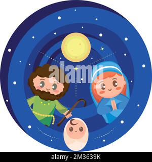 Cute cartoons of Joseph, Mary and Jesus on a stable at night Vector Stock Vector