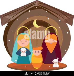 Stalla colorata con joseph, mary e jesus cartoons Vector Illustrazione Vettoriale