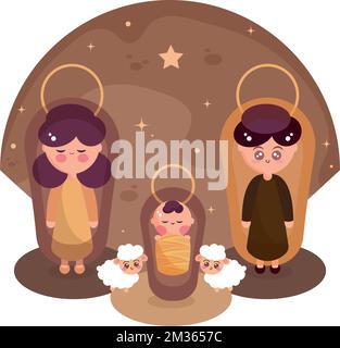 Carini cartoni animati di Giuseppe, Maria e Gesù su un vettore stabile Illustrazione Vettoriale