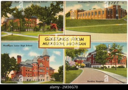Saluti da Muskegon, Michigan -- Hackley Manual Training School, Muskegon filtrazione impianto, Muskegon Junior High School, Hackley, Ospedale, Scuole, impianti industriali, Ospedali, Tichnor Brothers Collection, cartoline degli Stati Uniti Foto Stock