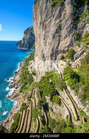 Capri, Italy from the Gardens of Augustus viewed over Via Krupp. Stock Photo