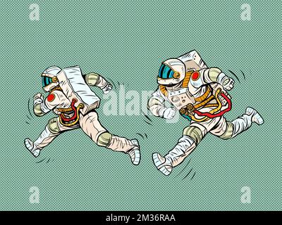 gli astronauti corrono, una corsa spaziale. Sport e uno stile di vita sano. Persone in spazi Illustrazione Vettoriale