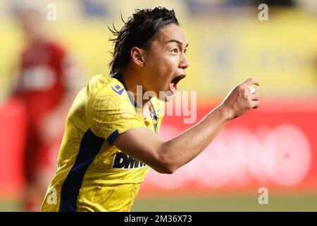 Il Daichi Hayashi di STVV festeggia dopo aver segnato la partita di calcio tra Sint-Truidense VV e la Royal Antwerp, domenica 21 novembre 2021 a Sint-Truiden, il giorno 15 della prima divisione del campionato belga della 'Jupiler Pro League'. FOTO DI BELGA BRUNO FAHY Foto Stock