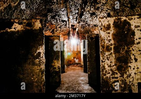 Cantina sotterranea molto vecchia. Compañía Vinícola del Norte de España, CVNE, è una cantina a conduzione familiare fondata nel 1879 ad Haro, la Rioja, Spagna. È così Foto Stock