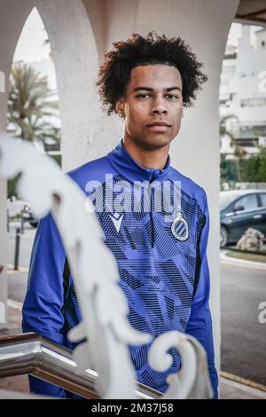 Tajon Buchanan del Club si pone per il fotografo in vista di una sessione di allenamento presso il campo di allenamento invernale della squadra di calcio belga Club Brugge, a Marbella, Spagna, mercoledì 05 gennaio 2022. FOTO DI BELGA BRUNO FAHY Foto Stock