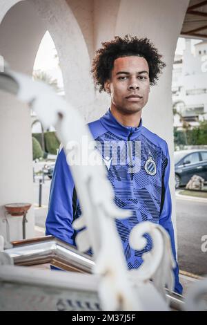 Tajon Buchanan del Club si pone per il fotografo in vista di una sessione di allenamento presso il campo di allenamento invernale della squadra di calcio belga Club Brugge, a Marbella, Spagna, mercoledì 05 gennaio 2022. FOTO DI BELGA BRUNO FAHY Foto Stock