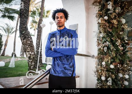 Tajon Buchanan del Club si pone per il fotografo in vista di una sessione di allenamento presso il campo di allenamento invernale della squadra di calcio belga Club Brugge, a Marbella, Spagna, mercoledì 05 gennaio 2022. FOTO DI BELGA BRUNO FAHY Foto Stock