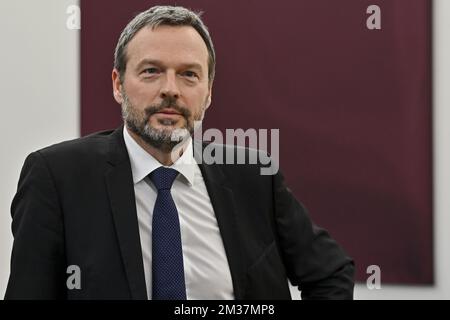 Il governatore della banca nazionale belga Pierre Wunsch si pone per fotografa in una fotografia presso la banca nazionale belga, SEDE DI BNB / NBB a Bruxelles, lunedì 10 gennaio 2022. FOTO DI BELGA DIRK WAEM Foto Stock