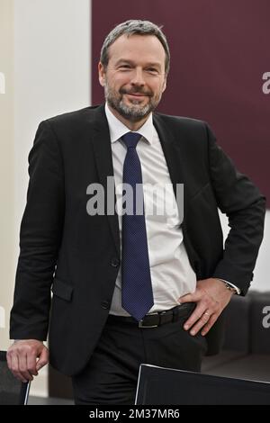Il governatore della banca nazionale belga Pierre Wunsch si pone per fotografa in una fotografia presso la banca nazionale belga, SEDE DI BNB / NBB a Bruxelles, lunedì 10 gennaio 2022. FOTO DI BELGA DIRK WAEM Foto Stock
