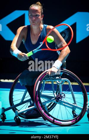 Il giocatore olandese di sedie a rotelle Jiske Griffioen ha mostrato al torneo di tennis 'Australian Open' Grand Slam', domenica 23 gennaio 2022 a Melbourne Park, Melbourne, Australia. L'edizione 2022 del Grand Slam australiano si svolge dal 17th al 30th gennaio. FOTO DI BELGA PATRICK HAMILTON Foto Stock