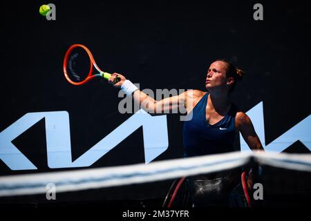 Il giocatore olandese di sedie a rotelle Jiske Griffioen ha mostrato al torneo di tennis 'Australian Open' Grand Slam', domenica 23 gennaio 2022 a Melbourne Park, Melbourne, Australia. L'edizione 2022 del Grand Slam australiano si svolge dal 17th al 30th gennaio. FOTO DI BELGA PATRICK HAMILTON Foto Stock