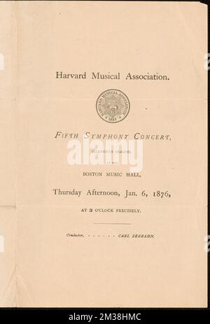 Harvard Musical Association, quinto concerto sinfonico, (undicesima stagione) presso la Boston Musical Hall, giovedì pomeriggio, 6 gennaio 1876, Concerti, Boston Music Hall Boston, Mass., Harvard Musical Association, Zerrahn, Carl, 1826-1909, Parker, J. C. D. James Cutler Dunn, 1828-1916. Graupner e le prime partiture musicali di Boston più Boston Music Hall Ephemera Foto Stock