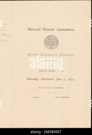 Harvard Musical Association, quinto concerto sinfonico, (decima stagione) presso la Boston Musical Hall, giovedì pomeriggio, 7 gennaio 1875, Concerti, Boston Music Hall Boston, Mass., Harvard Musical Association, Zerrahn, Carl, 1826-1909, Perabo, Ernst, 1845-1920. Graupner e le prime partiture musicali di Boston più Boston Music Hall Ephemera Foto Stock