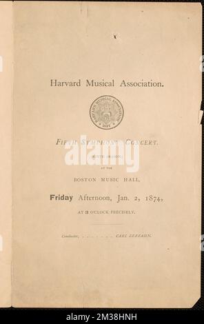 Harvard Musical Association, quinto concerto sinfonico, (nona stagione) presso la Boston Musical Hall, venerdì pomeriggio, 2 gennaio 1874, Concerti, Boston Music Hall Boston, Mass., Harvard Musical Association, Zerrahn, Carl, 1826-1909, Parker, J. C. D. James Cutler Dunn, 1828-1916. Graupner e le prime partiture musicali di Boston più Boston Music Hall Ephemera Foto Stock