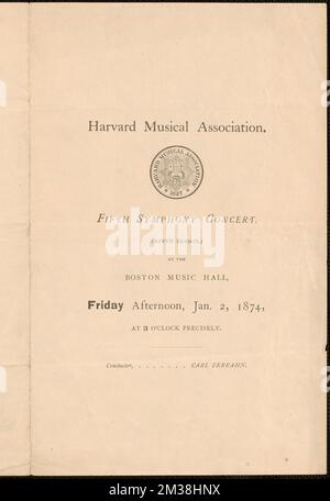 Harvard Musical Association, quinto concerto sinfonico, (nona stagione) presso la Boston Musical Hall, venerdì pomeriggio, 2 gennaio 1874, Concerti, Boston Music Hall Boston, Mass., Harvard Musical Association, Zerrahn, Carl, 1826-1909, Parker, J. C. D. James Cutler Dunn, 1828-1916. Graupner e le prime partiture musicali di Boston più Boston Music Hall Ephemera Foto Stock