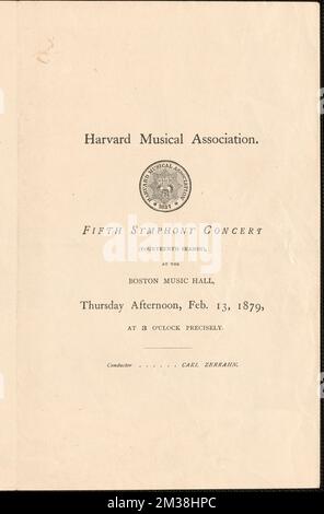 Quinto concerto sinfonico dell'associazione musicale di Harvard (quattordicesima stagione), presso la Boson Music Hall, giovedì pomeriggio, 13 febbraio 1879 , Concerti, Boston Music Hall Boston, Mass., Harvard Musical Association, Zerrahn, Carl, 1826-1909. Graupner e le prime partiture musicali di Boston più Boston Music Hall Ephemera Foto Stock