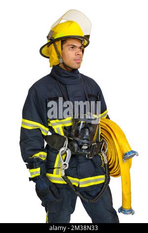 Il vigile del fuoco tiene la manichetta e guarda lontano Foto Stock