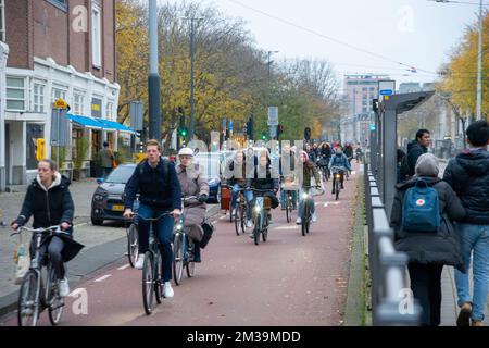 Ciclisti a Amsterdam pendolarismo, equitazione su pista ciclabile, Paesi Bassi Foto Stock