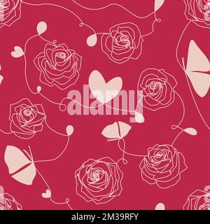 Una linea di disegno astratto arte contemporanea Modello moderno senza cuciture con fiori di rose, cuori, farfalle realizzato con linea continua bianca su Viva Mage Foto Stock