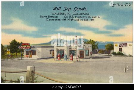 Hill Top Courts, Walsenburg, Colorado, ingresso nord -- sulla US Autostrada 85 e 87 (collegamento con le autostrade 10 e 160), stazioni di servizio per automobili, motel, Tichnor Brothers Collection, cartoline degli Stati Uniti Foto Stock