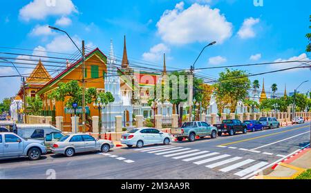 BANGKOK, THAILANDIA - 23 APRILE 2019: Wat Ratchabophit tempio nel quartiere centrale, il 23 aprile a Bangkok, Thailandia Foto Stock