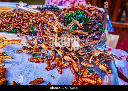 Spuntini estremi della Thailandia, larvas alla griglia e rane sul mercato notturno di Chinatown a Bangkok, Thailandia Foto Stock