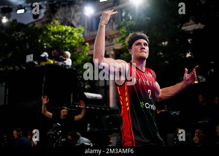 Il belga Thibaut Vervoort festeggia dopo aver vinto una partita di basket 3x3 tra Belgio e Austria, il quarto e ultimo gioco del palcoscenico dei qualificatori per uomini alla Coppa del mondo FIBA 2022, giovedì 23 giugno 2022, ad Anversa. La FIBA 3x3 Basket World Cup 2022 si svolge dal 21 al 26 giugno ad Anversa. BELGA FOTO DIRK WAEM Foto Stock