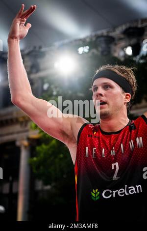 Il belga Thibaut Vervoort festeggia dopo aver vinto una partita di basket 3x3 tra Belgio e Austria, il quarto e ultimo gioco del palcoscenico dei qualificatori per uomini alla Coppa del mondo FIBA 2022, giovedì 23 giugno 2022, ad Anversa. La FIBA 3x3 Basket World Cup 2022 si svolge dal 21 al 26 giugno ad Anversa. BELGA FOTO DIRK WAEM Foto Stock