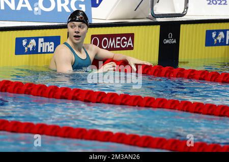 Il belga Fleur Vermeiren è stato raffigurato dopo il Semifinale Breastroke Women del 50m ai campionati mondiali di nuoto di Budapest, Ungheria, venerdì 24 giugno 2022. I campionati mondiali FINA 19th 2022 si svolgono dal 18 giugno al 03 luglio. BELGA FOTO NIKOLA KRSTIC Foto Stock