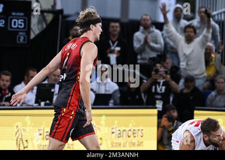 Il belga Thibaut Vervoort festeggia dopo aver segnato durante una partita di basket 3x3 tra Belgio e Polonia, nella finale maschile della FIBA 2022 World Cup, sabato 25 giugno 2022, ad Anversa. La FIBA 3x3 Basket World Cup 2022 si svolge dal 21 al 26 giugno ad Anversa. BELGA FOTO TOM GOYVAERTS Foto Stock