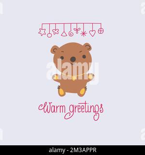 Grazioso orsacchiotto con scritte a mano caldo saluti. Illustrazione in stile Doodle kawaii. Illustrazione Vettoriale