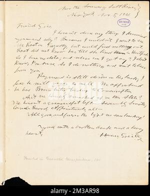 Horace Greeley, New York, lettera autografa firmata a R. W. Griswold, 5 novembre 1841 , letteratura americana, 19th ° secolo, Storia e critica, Autori, Americano, 19th ° secolo, corrispondenza, Autori ed editori, Poeti, Americano, 19th ° secolo, corrispondenza, Raymond, Henry J. Henry Jarvis, 1820-1869, Sigourney, L. H. Lydia Howard, 1791-1865. Cartine Rufus W. Griswold Foto Stock