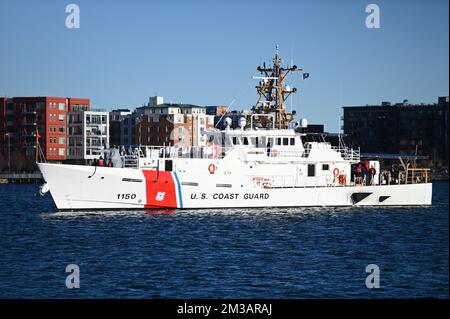 The Coast Guard Cutter William Chadwick (WPC-1150) transits through the Boston Harbor in Boston, Massachusetts, on Dec. 13, 2022. The Coast guard's newest cutter was accepted by the Coast Guard on August 4, and will be the first of six Fast Response Cutters homeported in Boston. (U.S. Coast Guard Photo by Petty Officer 2nd Class Ryan L. Noel) Stock Photo