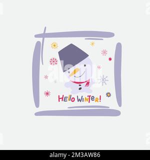 Framed Snowman with hand drawn lettering Hello winter. Doodle kawaii style illustration. Stock Vector