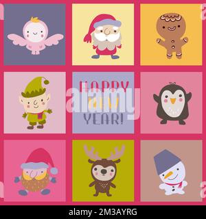 Collezione di carte quadrate con scritte disegnate a mano e simboli di Capodanno Illustrazione Vettoriale