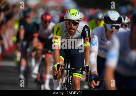 Olandese Boy Van Poppel di Intermarche Wanty-Gobert Materiaux raffigurato in azione durante la fase 3 della 2022 edizione della 'Vuelta a Espana', Tour della Spagna gara ciclistica, a 193,5 km da Breda a Breda nei Paesi Bassi, domenica 21 agosto 2022. BELGA FOTO LUC CLAESSEN Foto Stock
