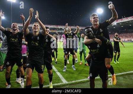 Il Siebe Van Der Heyden di Union, il Senne Lynen di Union, il Victor Boniface di Union e il Dennis Eckert Ayensa di Union festeggiano dopo aver vinto una partita tra il FC Union Berlin e la squadra di calcio belga Royale Union Saint-Gilloise, giovedì 08 settembre 2022 a Berlino, Il primo gioco su sei nella fase di gruppo del concorso UEFA Europa League. FOTO DI BELGA LAURIE DIEFFEMBACQ Foto Stock