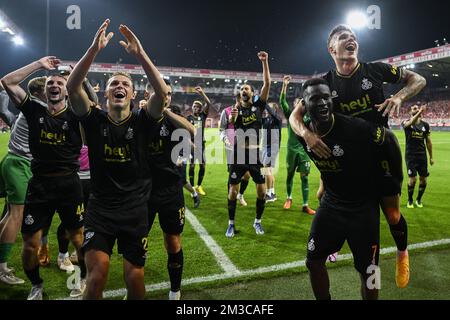 Il Siebe Van Der Heyden di Union, il Senne Lynen di Union, il Victor Boniface di Union e il Dennis Eckert Ayensa di Union festeggiano dopo aver vinto una partita tra il FC Union Berlin e la squadra di calcio belga Royale Union Saint-Gilloise, giovedì 08 settembre 2022 a Berlino, Il primo gioco su sei nella fase di gruppo del concorso UEFA Europa League. FOTO DI BELGA LAURIE DIEFFEMBACQ Foto Stock