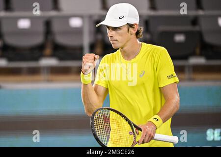 Alex De Minaur in Australia festeggia la partita tra il belga Goffin e l'australiano de Minaur, la seconda partita tra la squadra belga e l'Australia, nel Gruppo C della fase di gruppo delle finali della Coppa Davis 2022, martedì 13 settembre 2022, ad Amburgo, in Germania. Il Belgio si contenderà dal 13 al 18 settembre contro Australia, Germania e Francia nel Gruppo C. BELGA FOTO LAURIE DIEFFEMBACQ Foto Stock