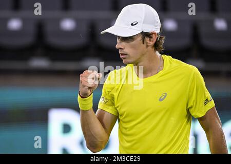 Alex De Minaur in Australia festeggia la partita tra il belga Goffin e l'australiano de Minaur, la seconda partita tra la squadra belga e l'Australia, nel Gruppo C della fase di gruppo delle finali della Coppa Davis 2022, martedì 13 settembre 2022, ad Amburgo, in Germania. Il Belgio si contenderà dal 13 al 18 settembre contro Australia, Germania e Francia nel Gruppo C. BELGA FOTO LAURIE DIEFFEMBACQ Foto Stock