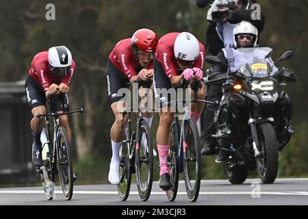 Il danese Mikkel Bjerg, il danese Mikkel Frolich Honore e il danese Magnus Cort Nielsen hanno ritratto in azione al Mixed Team Relay Time Trial al UCI Road World Championships Cycling 2022, a Wollongong, Australia, mercoledì 21 settembre 2022. I Mondi si svolgono dal 18 al 25 settembre. FOTO DI BELGA DIRK WAEM Foto Stock