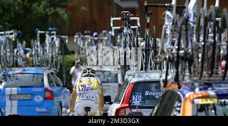 Il belga Maxime Montfort del team HTC Columbia in azione durante la tappa 9 del 2010 Tour de France, da Morzine a Saint-Jean-de-Maurienne Foto Stock