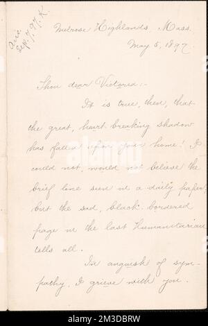 Lettera autografa di Jennie Leys firmata a [Victoria Woodhull] Martin, Melrose Highlands, Mass., 5 maggio 1897 , Femministe, Stati Uniti, suffragiste. Victoria Woodhull Martin Papers Foto Stock