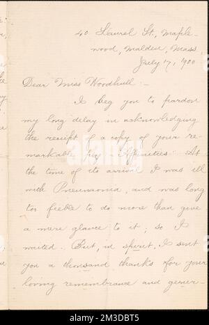 Lettera autografa di Jennie Leys firmata a [Zula M.] Woodhull, Malden, Mass., 17 luglio 1900 , Femministe, Stati Uniti, suffragiste. Victoria Woodhull Martin Papers Foto Stock